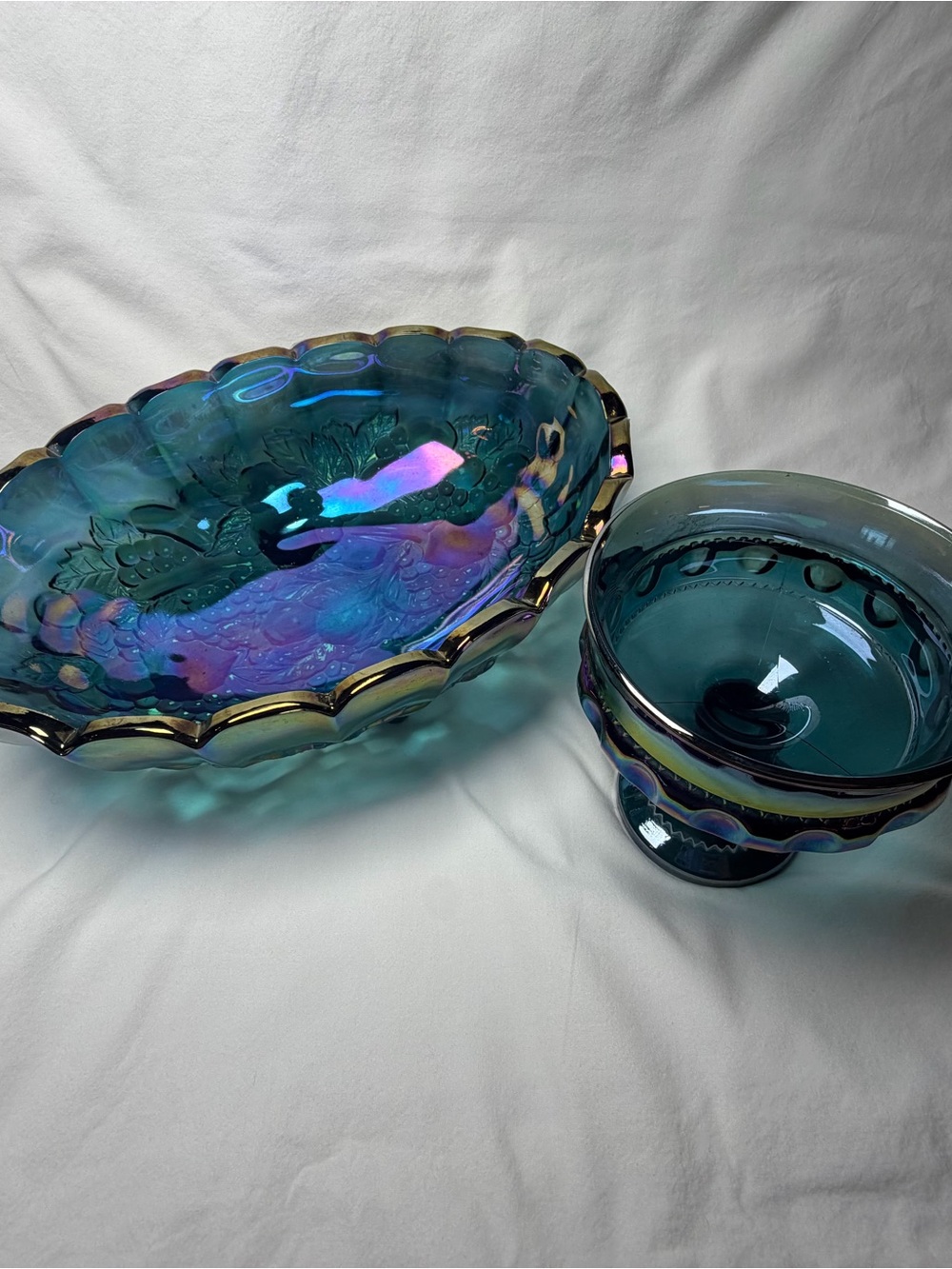 Vintage Indiana Glass Iridescent Carnival Glass Fruit Bowl Serving Bowl 2 pc Set